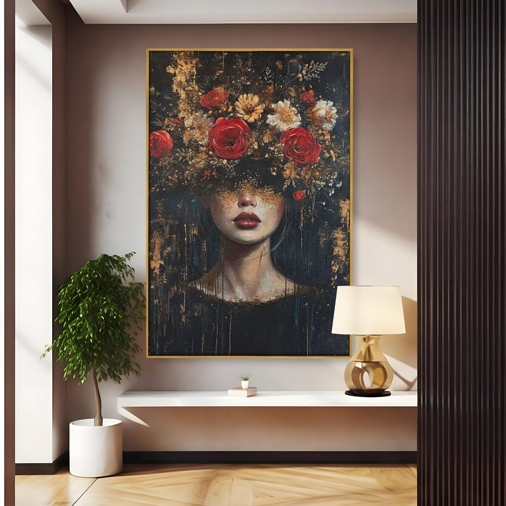Tablou canvas cu tablou canvas cu portret de femeie si trandafiri rosii, in rama de aluminiu auriu